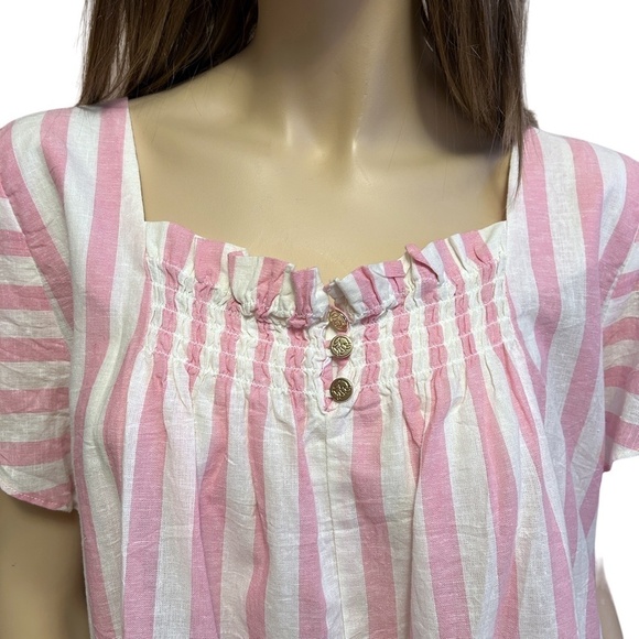 Draper James RSVP Blouse Linen Cotton Top Shirt Flutter Sleeve Shirred Smocked - Picture 6 of 16